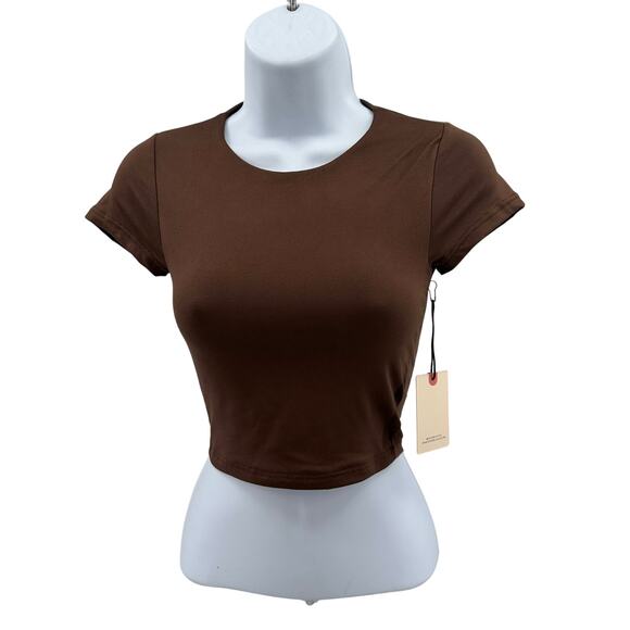 Sincerely Jules Crop Top Womens XXS Brown Short Sleeve Crew Neck Stretch Fitted - Picture 1 of 8
